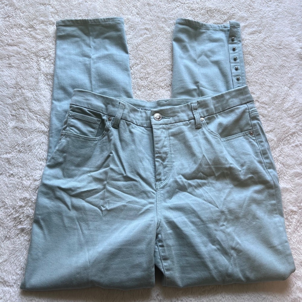 Chicos So Slimming Girlfriend Slim Leg Ankle Jeans Seafoam Green Studded Size 10